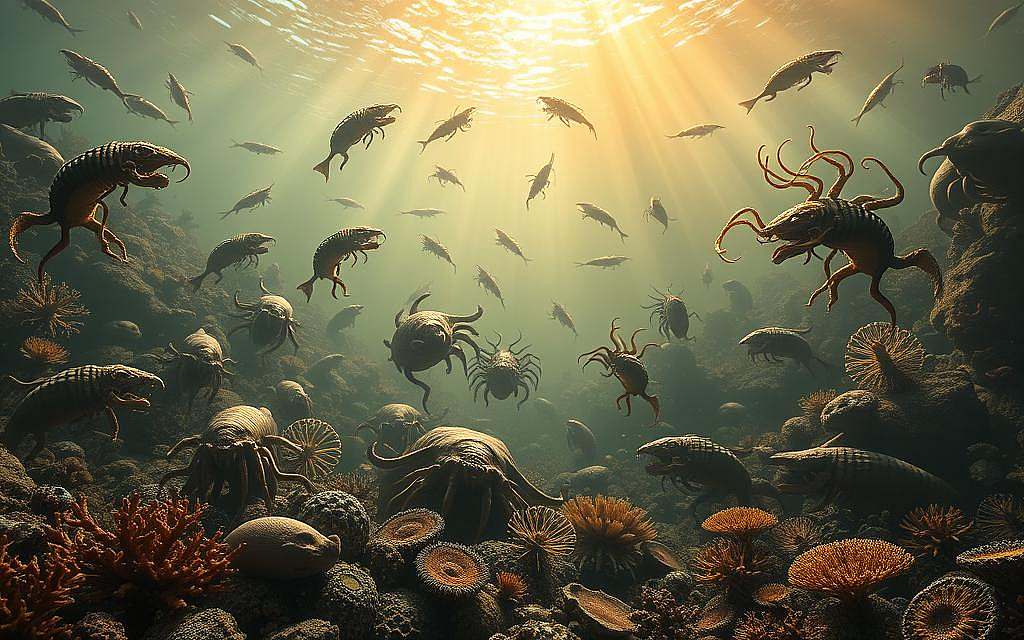 A spectacular underwater scene showcasing the Cambrian explosion, a pivotal moment in the history of life on Earth. In the foreground, a variety of strange, fantastical creatures emerge from the murky depths, their alien forms and complex anatomies on full display. Trilobites, anomalocarids, and other enigmatic arthropods swim gracefully, while bizarre, tentacled organisms undulate in the currents. The middle ground reveals a diverse array of sponges, corals, and early chordates, all thriving in a vibrant, primordial ocean. The background fades into a hazy, dreamlike landscape, with shafts of warm, golden light piercing the gloom, evoking a sense of wonder and the mysteries of the deep. Detailed, cinematic, and scientifically accurate, this image captures the explosive burst of evolution that gave rise to the foundations of modern life. A spectacular underwater scene showcasing the Cambrian explosion, a pivotal moment in the history of life on Earth. In the foreground, a variety of strange, fantastical creatures emerge from the murky depths, their alien forms and complex anatomies on full display. Trilobites, anomalocarids, and other enigmatic arthropods swim gracefully, while bizarre, tentacled organisms undulate in the currents. The middle ground reveals a diverse array of sponges, corals, and early chordates, all thriving in a vibrant, primordial ocean. The background fades into a hazy, dreamlike landscape, with shafts of warm, golden light piercing the gloom, evoking a sense of wonder and the mysteries of the deep. Detailed, cinematic, and scientifically accurate, this image captures the explosive burst of evolution that gave rise to the foundations of modern life.