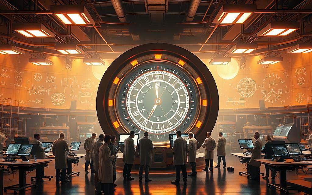 A sprawling physics laboratory, bathed in the warm glow of overhead lamps. In the center, a massive circular structure resembling a particle accelerator, its rings pulsing with an otherworldly energy. Scientist figures in white coats huddle around holographic displays, deep in discussion about the nature of time and the possibility of time travel. The background is a haze of complex equations and diagrams, hinting at the profound mysteries of the universe. The mood is one of contemplation and scientific exploration, a glimpse into the cutting edge of quantum physics and the search for a deeper understanding of the fabric of reality. A sprawling physics laboratory, bathed in the warm glow of overhead lamps. In the center, a massive circular structure resembling a particle accelerator, its rings pulsing with an otherworldly energy. Scientist figures in white coats huddle around holographic displays, deep in discussion about the nature of time and the possibility of time travel. The background is a haze of complex equations and diagrams, hinting at the profound mysteries of the universe. The mood is one of contemplation and scientific exploration, a glimpse into the cutting edge of quantum physics and the search for a deeper understanding of the fabric of reality.