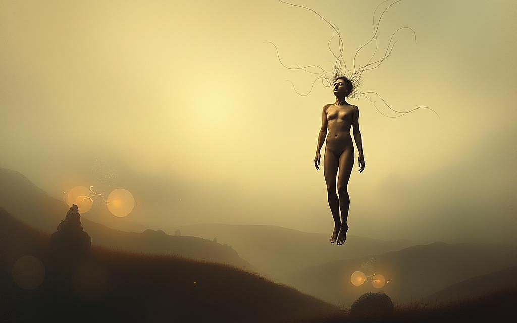 A surreal, dreamlike landscape with a floating figure representing the psychological aspects of regression. In the foreground, a human form suspended in midair, its eyes closed, expression serene. Wispy, ethereal tendrils emanate from the figure, connecting it to the environment. The middle ground features a hazy, indistinct terrain, with softly glowing orbs and abstractions hinting at the subconscious realm. The background is a vast, enigmatic expanse of muted, jewel-toned colors, creating a sense of depth and the boundless nature of the psyche. Diffuse, atmospheric lighting casts a contemplative, introspective mood. Smooth, painterly textures and a dreamlike, surreal quality capture the essence of psychological regression.