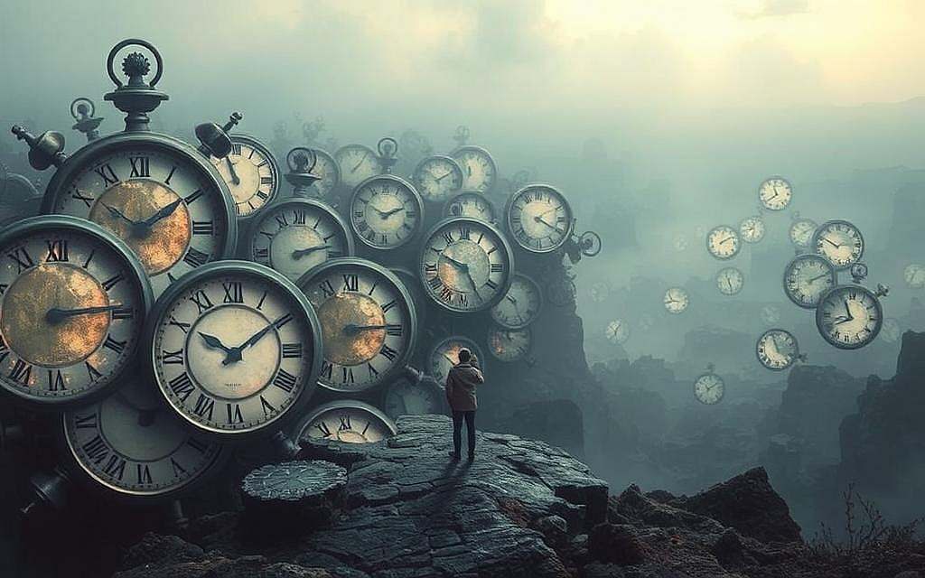 A surreal landscape of overlapping timelines, where the perception of consciousness and the nature of time intersect. In the foreground, a figure stands amidst a kaleidoscope of fragmented clocks, their hands spinning in a hypnotic dance, blurring the boundaries between past, present, and future. The middle ground is a dreamlike realm of shimmering portals, through which glimpses of alternate realities can be seen. In the background, a vast, nebulous expanse evokes the enigmatic workings of the mind, hinting at the mysteries of cognition and the cyclical nature of existence. Soft, diffused lighting casts a contemplative atmosphere, inviting the viewer to ponder the nature of consciousness and the perception of time. A surreal landscape of overlapping timelines, where the perception of consciousness and the nature of time intersect. In the foreground, a figure stands amidst a kaleidoscope of fragmented clocks, their hands spinning in a hypnotic dance, blurring the boundaries between past, present, and future. The middle ground is a dreamlike realm of shimmering portals, through which glimpses of alternate realities can be seen. In the background, a vast, nebulous expanse evokes the enigmatic workings of the mind, hinting at the mysteries of cognition and the cyclical nature of existence. Soft, diffused lighting casts a contemplative atmosphere, inviting the viewer to ponder the nature of consciousness and the perception of time.