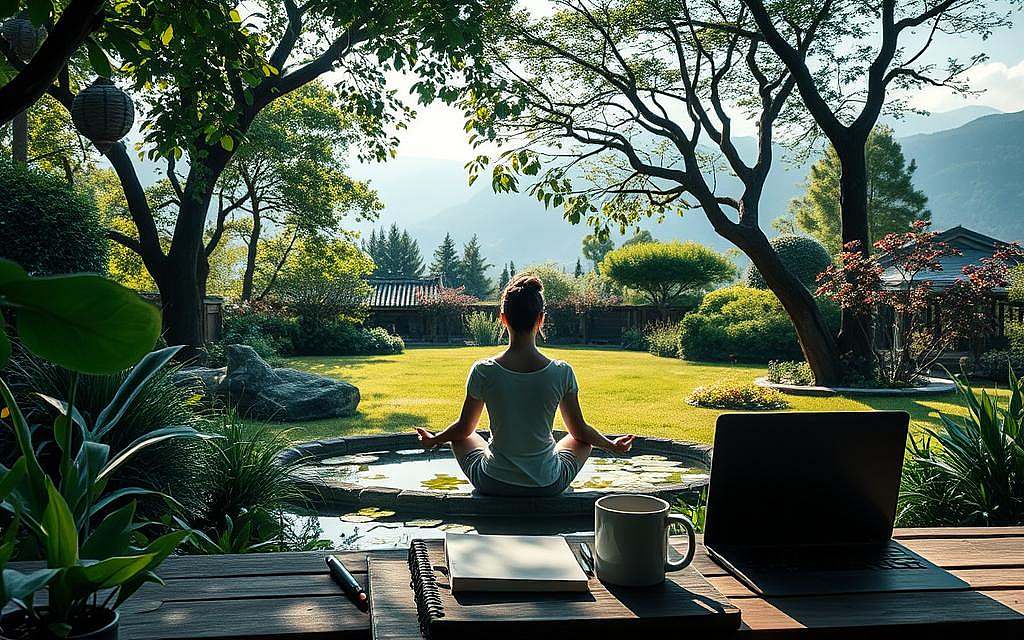 A tranquil garden scene, where the ancient wisdom of the Dao De Jing intertwines with the rhythms of modern life. In the foreground, a person in a meditative pose, surrounded by lush greenery and a koi pond, reflecting on the timeless principles of balance and harmony. In the middle ground, everyday objects - a laptop, a mug of tea, and a journal - symbolizing the integration of spiritual teachings into the practical aspects of daily existence. The background features a serene, sun-dappled landscape, with mountains in the distance, conveying a sense of connection to the natural world. Soft, diffused lighting casts a warm, contemplative glow over the entire scene, inviting the viewer to pause and ponder the relevance of the Dao in the modern age. A tranquil garden scene, where the ancient wisdom of the Dao De Jing intertwines with the rhythms of modern life. In the foreground, a person in a meditative pose, surrounded by lush greenery and a koi pond, reflecting on the timeless principles of balance and harmony. In the middle ground, everyday objects - a laptop, a mug of tea, and a journal - symbolizing the integration of spiritual teachings into the practical aspects of daily existence. The background features a serene, sun-dappled landscape, with mountains in the distance, conveying a sense of connection to the natural world. Soft, diffused lighting casts a warm, contemplative glow over the entire scene, inviting the viewer to pause and ponder the relevance of the Dao in the modern age.