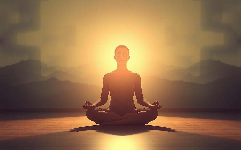 A tranquil meditation scene with a glowing third eye symbol in the center of a serene, dimly lit room. The subject sits cross-legged, eyes closed, in a state of deep contemplation. Soft, ambient lighting casts a warm, ethereal glow, accentuating the subject's peaceful expression. The background is a hazy, meditative landscape, with subtle geometric patterns and soothing textures that evoke a sense of inner wisdom and heightened perception. The composition is balanced and harmonious, drawing the viewer's focus to the third eye center as the focal point of the image. A tranquil meditation scene with a glowing third eye symbol in the center of a serene, dimly lit room. The subject sits cross-legged, eyes closed, in a state of deep contemplation. Soft, ambient lighting casts a warm, ethereal glow, accentuating the subject's peaceful expression. The background is a hazy, meditative landscape, with subtle geometric patterns and soothing textures that evoke a sense of inner wisdom and heightened perception. The composition is balanced and harmonious, drawing the viewer's focus to the third eye center as the focal point of the image.