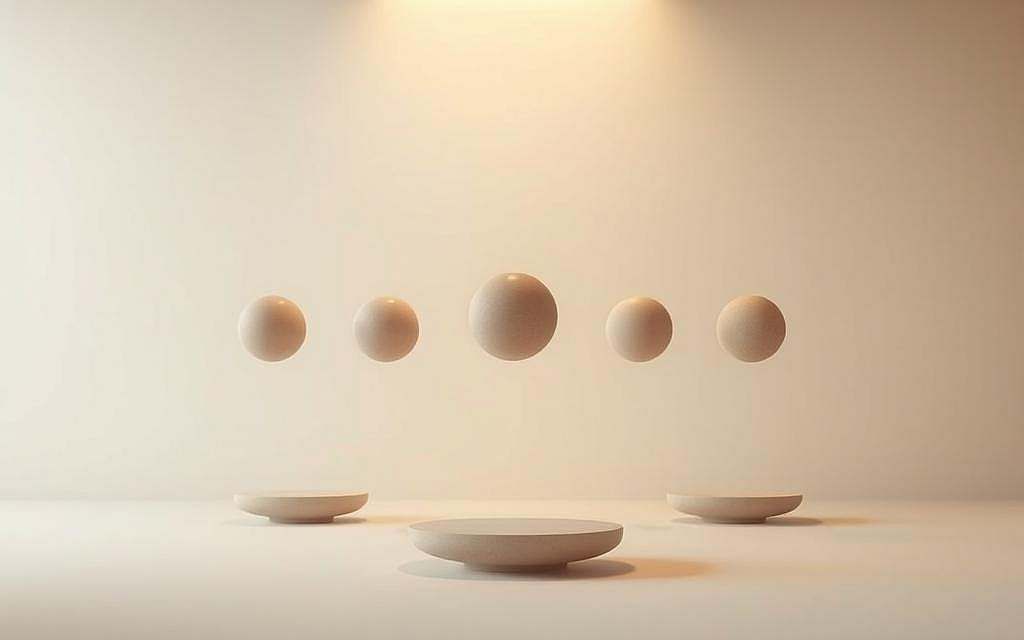 A tranquil, minimalist meditation scene with seven floating spheres representing the seven universal laws of spirituality. Soft, warm lighting from above illuminates a serene, neutrally-toned environment. The spheres, each a different muted color, hover gently in a symmetrical arrangement, inviting contemplation and reflection. The composition is balanced and calming, with a sense of harmony and interconnectedness. The camera angle is slightly elevated, creating a contemplative, elevated perspective. The overall mood is one of inner peace, clarity, and the pursuit of spiritual enlightenment. A tranquil, minimalist meditation scene with seven floating spheres representing the seven universal laws of spirituality. Soft, warm lighting from above illuminates a serene, neutrally-toned environment. The spheres, each a different muted color, hover gently in a symmetrical arrangement, inviting contemplation and reflection. The composition is balanced and calming, with a sense of harmony and interconnectedness. The camera angle is slightly elevated, creating a contemplative, elevated perspective. The overall mood is one of inner peace, clarity, and the pursuit of spiritual enlightenment.