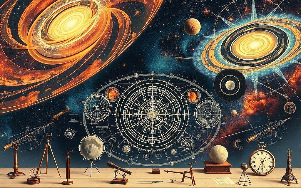 A vast cosmic expanse, filled with swirling galaxies and celestial bodies, serves as the backdrop for a series of interconnected scientific diagrams and illustrations. In the foreground, intricate visualizations depict the cyclical nature of time, with repeating patterns and recurring phenomena. The middle ground features a collection of scientific instruments, including telescopes, clocks, and mathematical models, all arrayed in a harmonious arrangement. Soft, warm lighting illuminates the scene, creating a contemplative and thought-provoking atmosphere. The entire composition is imbued with a sense of wonder and the pursuit of understanding the fundamental nature of the universe and the mysteries of its eternal return. A vast cosmic expanse, filled with swirling galaxies and celestial bodies, serves as the backdrop for a series of interconnected scientific diagrams and illustrations. In the foreground, intricate visualizations depict the cyclical nature of time, with repeating patterns and recurring phenomena. The middle ground features a collection of scientific instruments, including telescopes, clocks, and mathematical models, all arrayed in a harmonious arrangement. Soft, warm lighting illuminates the scene, creating a contemplative and thought-provoking atmosphere. The entire composition is imbued with a sense of wonder and the pursuit of understanding the fundamental nature of the universe and the mysteries of its eternal return.