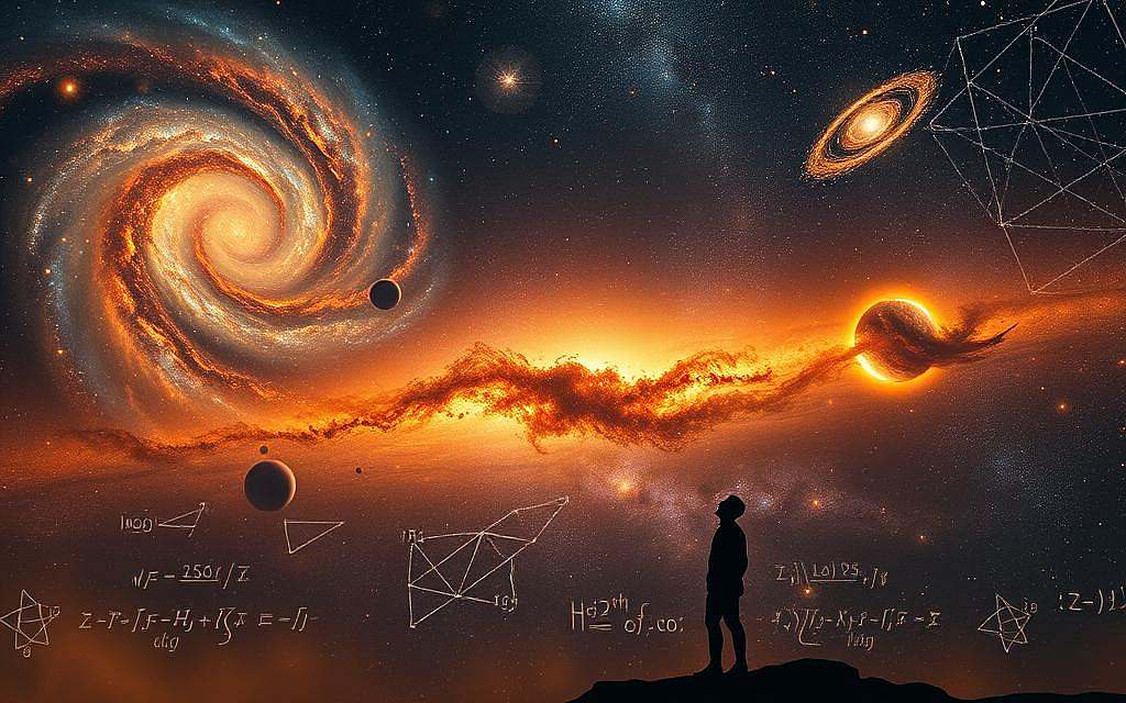 A vast cosmic landscape, with swirling galaxies and nebulae illuminating the night sky. In the foreground, a contemplative figure stands, gazing upwards, deep in thought. The scene is bathed in a warm, golden light, evoking a sense of wonder and the search for deeper truths. Hints of mathematical formulas and diagrams float in the background, hinting at the complex theories that underlie the origins of the universe. The composition is balanced, with a sense of depth and scale that emphasizes the grandeur and mystery of the cosmos. The overall mood is one of reverence and intellectual curiosity. A vast cosmic landscape, with swirling galaxies and nebulae illuminating the night sky. In the foreground, a contemplative figure stands, gazing upwards, deep in thought. The scene is bathed in a warm, golden light, evoking a sense of wonder and the search for deeper truths. Hints of mathematical formulas and diagrams float in the background, hinting at the complex theories that underlie the origins of the universe. The composition is balanced, with a sense of depth and scale that emphasizes the grandeur and mystery of the cosmos. The overall mood is one of reverence and intellectual curiosity.