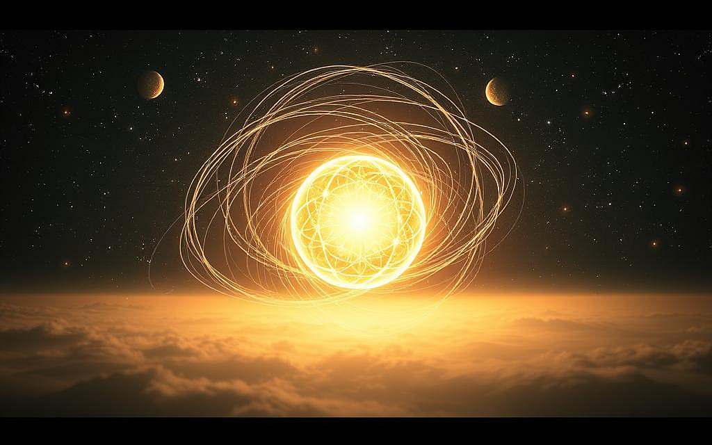 A vast, cyclic cosmos unfolds, its celestial bodies tracing eternal arcs across a starry expanse. In the foreground, a luminous sphere - the embodiment of an eternal recurrence, a metaphysical cycle of birth, death, and rebirth. Tendrils of energy emanate from this central orb, intertwining and diverging, hinting at the intricate ontological layers that govern the ebb and flow of existence. The middle ground features amorphous, ever-shifting forms, symbolizing the flux and fluidity of being, while the distant background is shrouded in an atmospheric haze, evoking a sense of the unknowable, the mysterious beyond. The lighting is dramatic, casting deep shadows and highlights that accentuate the sense of depth and the mystical nature of the scene. This is a wide-angle, cinematic composition that invites the viewer to contemplate the cyclical nature of reality and the ontological underpinnings of the "Wiederkehr-Theorie". A vast, cyclic cosmos unfolds, its celestial bodies tracing eternal arcs across a starry expanse. In the foreground, a luminous sphere - the embodiment of an eternal recurrence, a metaphysical cycle of birth, death, and rebirth. Tendrils of energy emanate from this central orb, intertwining and diverging, hinting at the intricate ontological layers that govern the ebb and flow of existence. The middle ground features amorphous, ever-shifting forms, symbolizing the flux and fluidity of being, while the distant background is shrouded in an atmospheric haze, evoking a sense of the unknowable, the mysterious beyond. The lighting is dramatic, casting deep shadows and highlights that accentuate the sense of depth and the mystical nature of the scene. This is a wide-angle, cinematic composition that invites the viewer to contemplate the cyclical nature of reality and the ontological underpinnings of the "Wiederkehr-Theorie".