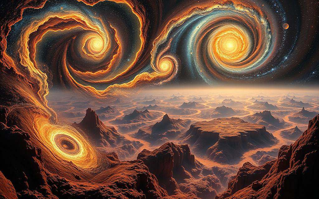 A vast, swirling cosmic landscape depicting the cyclical nature of the universe. In the foreground, intricate fractals and spiraling energy patterns symbolize the constant flux and transformation of matter and energy. The middle ground features a panoramic vista of glowing nebulae, shimmering stellar nurseries, and the dance of colliding galaxies. In the distant background, a kaleidoscope of cosmic cycles unfolds, with the birth and death of stars, the expansion and contraction of the universe, all unfolding in an endless, harmonious rhythm. Warm hues of amber, crimson, and indigo suffuse the scene, evoking a sense of timeless grandeur and the eternal dance of creation. Dramatic lighting from multiple angles casts long shadows and highlights the dynamism of the cosmic tapestry. Captured with a wide-angle lens to emphasize the vastness and interconnectedness of the universe. A vast, swirling cosmic landscape depicting the cyclical nature of the universe. In the foreground, intricate fractals and spiraling energy patterns symbolize the constant flux and transformation of matter and energy. The middle ground features a panoramic vista of glowing nebulae, shimmering stellar nurseries, and the dance of colliding galaxies. In the distant background, a kaleidoscope of cosmic cycles unfolds, with the birth and death of stars, the expansion and contraction of the universe, all unfolding in an endless, harmonious rhythm. Warm hues of amber, crimson, and indigo suffuse the scene, evoking a sense of timeless grandeur and the eternal dance of creation. Dramatic lighting from multiple angles casts long shadows and highlights the dynamism of the cosmic tapestry. Captured with a wide-angle lens to emphasize the vastness and interconnectedness of the universe.