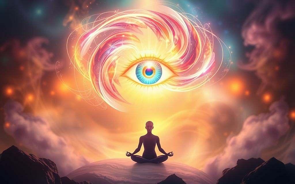 A vibrant and mystical scene depicting the Third Eye Chakra (Ajna) and its connection to creative inspiration. In the foreground, a glowing, ethereal eye hovers, its iris shimmering with a kaleidoscope of colors. Emanating from it are swirling, abstract tendrils of energy, intertwining and pulsing with an otherworldly luminescence. The mid-ground features a serene, meditative figure, their face bathed in the warm glow of the Third Eye. The background is a dreamscape of soft, indistinct forms and shapes, hinting at realms of higher consciousness and intuitive insight. The entire composition is suffused with a sense of mysticism, introspection, and the transformative power of the creative spark. A vibrant and mystical scene depicting the Third Eye Chakra (Ajna) and its connection to creative inspiration. In the foreground, a glowing, ethereal eye hovers, its iris shimmering with a kaleidoscope of colors. Emanating from it are swirling, abstract tendrils of energy, intertwining and pulsing with an otherworldly luminescence. The mid-ground features a serene, meditative figure, their face bathed in the warm glow of the Third Eye. The background is a dreamscape of soft, indistinct forms and shapes, hinting at realms of higher consciousness and intuitive insight. The entire composition is suffused with a sense of mysticism, introspection, and the transformative power of the creative spark.