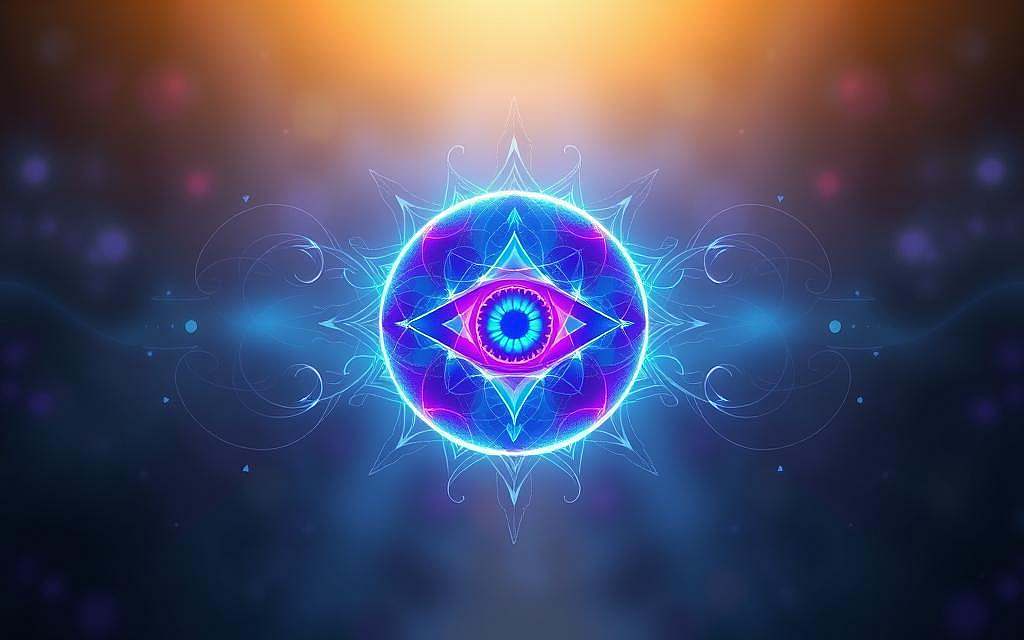 A vibrant, ethereal representation of the Ajna Chakra, the third eye center, situated between the brows. Showcased against a serene, mystical backdrop, a glowing, translucent sphere of pulsating indigo and violet energy radiates outward, conveying the essence of heightened intuition, inner wisdom, and expanded perception. Intricate, swirling patterns of light emanate from the center, creating an atmosphere of tranquility and spiritual enlightenment. Soft, warm lighting from above illuminates the scene, casting gentle shadows and highlights that accentuate the chakra's subtle anatomical details. The overall composition evokes a sense of calm introspection and the pursuit of deeper self-understanding. A vibrant, ethereal representation of the Ajna Chakra, the third eye center, situated between the brows. Showcased against a serene, mystical backdrop, a glowing, translucent sphere of pulsating indigo and violet energy radiates outward, conveying the essence of heightened intuition, inner wisdom, and expanded perception. Intricate, swirling patterns of light emanate from the center, creating an atmosphere of tranquility and spiritual enlightenment. Soft, warm lighting from above illuminates the scene, casting gentle shadows and highlights that accentuate the chakra's subtle anatomical details. The overall composition evokes a sense of calm introspection and the pursuit of deeper self-understanding.