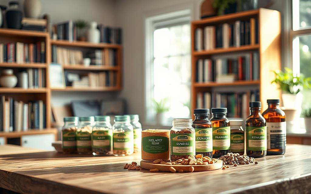 A wooden table in a cozy, well-lit natural medicine clinic. On the table, an array of jars and bottles containing various herbal supplements, including a prominent jar of golden-hued beta-glucan powder. Soft lighting from a nearby window casts a warm glow, highlighting the natural textures and colors of the medicinal ingredients. In the background, shelves filled with books on holistic health and alternative remedies, conveying an atmosphere of expertise and tradition. The overall scene evokes a sense of tranquility, wellness, and the harmonious integration of natural therapies into modern healthcare. A wooden table in a cozy, well-lit natural medicine clinic. On the table, an array of jars and bottles containing various herbal supplements, including a prominent jar of golden-hued beta-glucan powder. Soft lighting from a nearby window casts a warm glow, highlighting the natural textures and colors of the medicinal ingredients. In the background, shelves filled with books on holistic health and alternative remedies, conveying an atmosphere of expertise and tradition. The overall scene evokes a sense of tranquility, wellness, and the harmonious integration of natural therapies into modern healthcare.