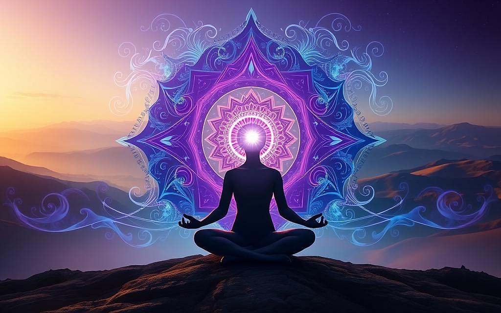 Ajna-Chakra Energiezentren: A vivid depiction of the third eye's energy center, where the physical and spiritual realms converge. In the foreground, a serene meditative figure sits in lotus position, their brow radiating an ethereal, violet glow. The middle ground showcases swirling, mystical energy patterns in shades of indigo and amethyst, pulsing with ancient wisdom. The background features a panoramic landscape of rolling hills, bathed in a warm, golden light, symbolizing the harmony between the Ajna-Chakra and the other vital energy centers. Soft, diffused lighting casts an introspective, contemplative atmosphere, inviting the viewer to explore the depths of inner consciousness and transcendent awareness. Ajna-Chakra Energiezentren: A vivid depiction of the third eye's energy center, where the physical and spiritual realms converge. In the foreground, a serene meditative figure sits in lotus position, their brow radiating an ethereal, violet glow. The middle ground showcases swirling, mystical energy patterns in shades of indigo and amethyst, pulsing with ancient wisdom. The background features a panoramic landscape of rolling hills, bathed in a warm, golden light, symbolizing the harmony between the Ajna-Chakra and the other vital energy centers. Soft, diffused lighting casts an introspective, contemplative atmosphere, inviting the viewer to explore the depths of inner consciousness and transcendent awareness.