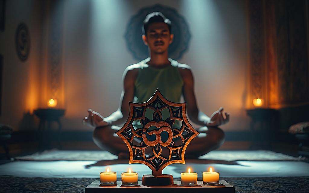 Ajna-Chakra Meditation: A serene and introspective scene. An individual sits cross-legged, eyes closed, in a dimly lit meditation chamber. Soft, ambient lighting casts a warm, meditative glow, creating an atmosphere of focus and inner exploration. The walls are adorned with ancient Sanskrit symbols and tapestries, reflecting the spiritual essence of this practice. In the foreground, a hand-carved wooden Ajna-Chakra symbol rests on a small altar, its intricate details illuminated by flickering candles. An atmosphere of tranquility and deep contemplation permeates the space, inviting the viewer to join in this transformative journey of self-discovery. Ajna-Chakra Meditation: A serene and introspective scene. An individual sits cross-legged, eyes closed, in a dimly lit meditation chamber. Soft, ambient lighting casts a warm, meditative glow, creating an atmosphere of focus and inner exploration. The walls are adorned with ancient Sanskrit symbols and tapestries, reflecting the spiritual essence of this practice. In the foreground, a hand-carved wooden Ajna-Chakra symbol rests on a small altar, its intricate details illuminated by flickering candles. An atmosphere of tranquility and deep contemplation permeates the space, inviting the viewer to join in this transformative journey of self-discovery.