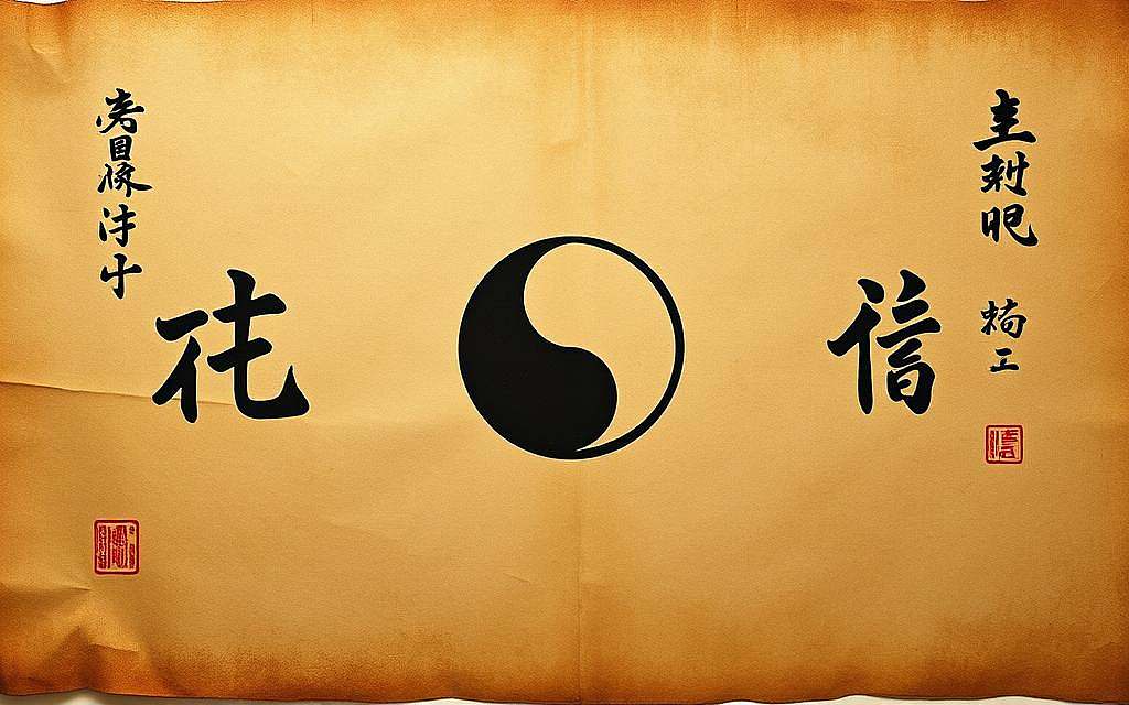 An ancient Chinese scroll, meticulously rendered in traditional ink and wash painting style, depicting the yin-yang symbol at the center. The yin-yang represents the Dao, the fundamental duality of the universe, and the interplay of opposites. Surrounding the central symbol are delicate calligraphic brushstrokes, forming the characters "De", which signifies the inherent virtue, power, and integrity that emerges from alignment with the Dao. The composition is bathed in a warm, contemplative light, evoking a sense of tranquility and profound wisdom. The overall atmosphere is one of timeless Eastern philosophy, inviting the viewer to meditate on the nature of existence and the path to self-realization. An ancient Chinese scroll, meticulously rendered in traditional ink and wash painting style, depicting the yin-yang symbol at the center. The yin-yang represents the Dao, the fundamental duality of the universe, and the interplay of opposites. Surrounding the central symbol are delicate calligraphic brushstrokes, forming the characters "De", which signifies the inherent virtue, power, and integrity that emerges from alignment with the Dao. The composition is bathed in a warm, contemplative light, evoking a sense of tranquility and profound wisdom. The overall atmosphere is one of timeless Eastern philosophy, inviting the viewer to meditate on the nature of existence and the path to self-realization.