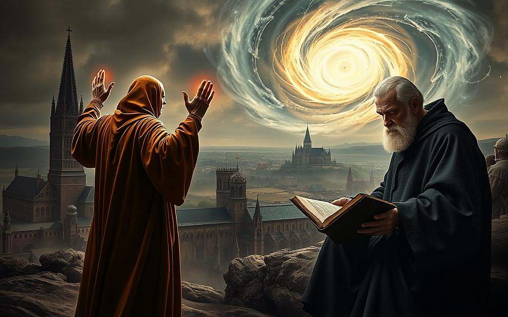 An epic clash between the mystic and the rational, set against a backdrop of medieval grandeur. In the foreground, a robed figure with a glowing aura stands resolute, their hands raised in a gesture of mystical power. Opposing them, a scholar in a dark robe, poring over ancient tomes, their brow furrowed in deep contemplation. The two figures are locked in an intense standoff, their contrasting energies palpable. The middle ground reveals a landscape of towering cathedrals and spires, their architecture a testament to the era's intellectual and spiritual currents. In the distance, a swirling vortex of energy and light, hinting at the cosmic forces at play. Dramatic chiaroscuro lighting casts the scene in a moody, atmospheric tone, heightening the sense of mystical conflict. The overall composition conveys the great intellectual and spiritual struggle that defined the medieval worldview. An epic clash between the mystic and the rational, set against a backdrop of medieval grandeur. In the foreground, a robed figure with a glowing aura stands resolute, their hands raised in a gesture of mystical power. Opposing them, a scholar in a dark robe, poring over ancient tomes, their brow furrowed in deep contemplation. The two figures are locked in an intense standoff, their contrasting energies palpable. The middle ground reveals a landscape of towering cathedrals and spires, their architecture a testament to the era's intellectual and spiritual currents. In the distance, a swirling vortex of energy and light, hinting at the cosmic forces at play. Dramatic chiaroscuro lighting casts the scene in a moody, atmospheric tone, heightening the sense of mystical conflict. The overall composition conveys the great intellectual and spiritual struggle that defined the medieval worldview.