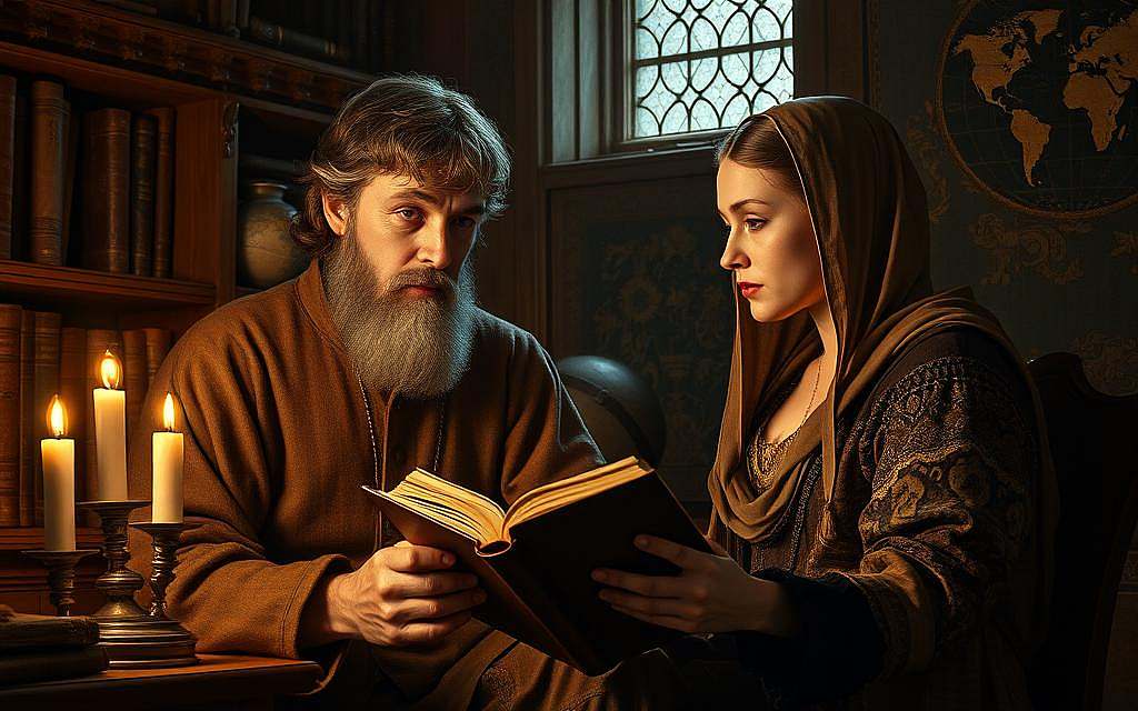An intimate portrait of the medieval thinkers Abaelard and Heloise, set against a backdrop of a dimly lit, scholarly study. The scene depicts the pair deeply immersed in contemplation, their faces illuminated by the warm glow of candlelight, casting a pensive atmosphere. Abaelard, a towering intellectual figure, sits pensively, his brow furrowed as he ponders a tome before him, while Heloise, his beloved, gazes at him with a mixture of admiration and concern. The room is adorned with the trappings of medieval scholarship - shelves of ancient texts, a globe, and intricate tapestries that hint at the depth of their philosophical inquiries. The overall composition conveys the profound intellectual and emotional bond between these two influential thinkers, capturing the essence of their pivotal role in the intellectual landscape of the Middle Ages. An intimate portrait of the medieval thinkers Abaelard and Heloise, set against a backdrop of a dimly lit, scholarly study. The scene depicts the pair deeply immersed in contemplation, their faces illuminated by the warm glow of candlelight, casting a pensive atmosphere. Abaelard, a towering intellectual figure, sits pensively, his brow furrowed as he ponders a tome before him, while Heloise, his beloved, gazes at him with a mixture of admiration and concern. The room is adorned with the trappings of medieval scholarship - shelves of ancient texts, a globe, and intricate tapestries that hint at the depth of their philosophical inquiries. The overall composition conveys the profound intellectual and emotional bond between these two influential thinkers, capturing the essence of their pivotal role in the intellectual landscape of the Middle Ages.