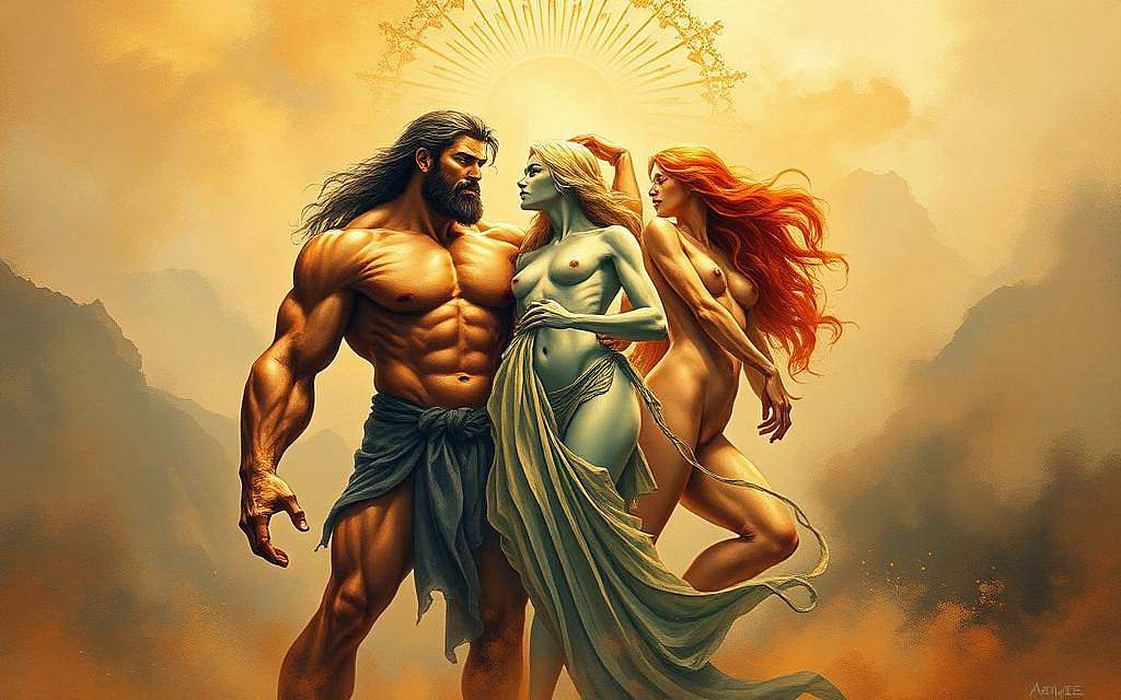 Archetypal figures embodying masculine and feminine energies, depicted in a vivid, painterly style. In the foreground, a majestic, muscular figure representing the archetypes of the Divine Masculine - strength, courage, and stoic leadership. In the middle ground, a graceful, flowing figure symbolizing the Archetypal Feminine - nurturing, intuitive, and embodying the cyclical rhythms of nature. The two figures stand in dynamic interplay, their forms intertwining and complementing each other. The background is suffused with warm, earthy tones and subtle, ethereal lighting, creating an atmospheric, timeless quality. The overall composition conveys a sense of balance, harmony, and the interplay of opposing, yet complementary, energies. Archetypal figures embodying masculine and feminine energies, depicted in a vivid, painterly style. In the foreground, a majestic, muscular figure representing the archetypes of the Divine Masculine - strength, courage, and stoic leadership. In the middle ground, a graceful, flowing figure symbolizing the Archetypal Feminine - nurturing, intuitive, and embodying the cyclical rhythms of nature. The two figures stand in dynamic interplay, their forms intertwining and complementing each other. The background is suffused with warm, earthy tones and subtle, ethereal lighting, creating an atmospheric, timeless quality. The overall composition conveys a sense of balance, harmony, and the interplay of opposing, yet complementary, energies.