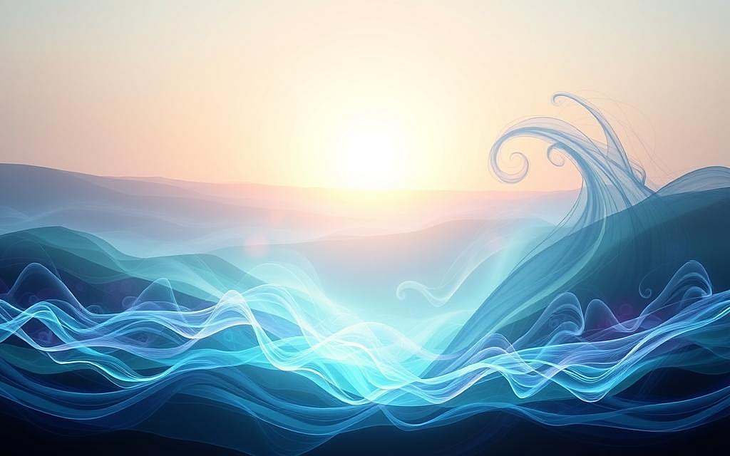 Energetische Blockaden A serene, ethereal landscape depicting the concept of energetic blockages. In the foreground, swirling wisps of energy in shades of blue, green, and purple converge, creating a tangible sense of stagnation and obstruction. The middle ground features amorphous, glowing forms representing the flow of life force, partially obscured by the blockages. In the distance, a luminous horizon emanates a soft, warm glow, symbolizing the potential for release and rejuvenation. The lighting is soft and diffuse, creating an atmosphere of contemplation and introspection. The overall composition conveys a sense of balance, with the blockages and the flow of energy in a state of dynamic tension.