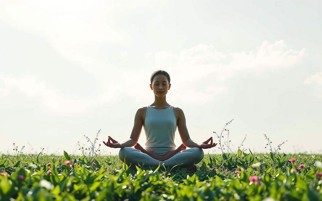 Harmonie zwischen Körper, Geist und Seele: A serene, tranquil landscape with a central figure in a lotus position, meditating amidst a lush, verdant garden. Soft, diffused lighting bathes the scene, creating an atmosphere of inner calm and reflection. The figure's face is obscured, emphasizing the inward focus. In the background, wispy clouds drift across a pale blue sky, adding to the sense of peaceful harmony. The composition is balanced and symmetrical, guiding the viewer's eye towards the central figure. Delicate flowers and plants surround the meditating form, symbolizing the integration of the physical, mental, and spiritual realms. Harmonie zwischen Körper, Geist und Seele: A serene, tranquil landscape with a central figure in a lotus position, meditating amidst a lush, verdant garden. Soft, diffused lighting bathes the scene, creating an atmosphere of inner calm and reflection. The figure's face is obscured, emphasizing the inward focus. In the background, wispy clouds drift across a pale blue sky, adding to the sense of peaceful harmony. The composition is balanced and symmetrical, guiding the viewer's eye towards the central figure. Delicate flowers and plants surround the meditating form, symbolizing the integration of the physical, mental, and spiritual realms.