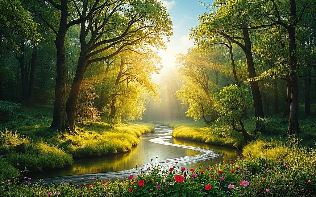 Lush, verdant landscape with towering trees and meandering streams. Sunlight filters through the canopy, casting a warm, ethereal glow. In the foreground, a serene pond reflects the surrounding foliage, creating a sense of harmony and balance. Vibrant wildflowers dot the forest floor, symbolizing the abundance and diversity of nature. Wispy clouds drift overhead, hinting at the cyclical nature of the elements. The composition evokes a sense of tranquility, inviting the viewer to connect with the inherent wisdom and teachings of the natural world. Lush, verdant landscape with towering trees and meandering streams. Sunlight filters through the canopy, casting a warm, ethereal glow. In the foreground, a serene pond reflects the surrounding foliage, creating a sense of harmony and balance. Vibrant wildflowers dot the forest floor, symbolizing the abundance and diversity of nature. Wispy clouds drift overhead, hinting at the cyclical nature of the elements. The composition evokes a sense of tranquility, inviting the viewer to connect with the inherent wisdom and teachings of the natural world.