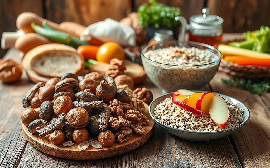 Prepare a bounty of beta-glucan-rich foods on a rustic wooden table. In the foreground, arrange a platter of savory mushrooms, hearty oats, and crunchy walnuts. In the middle, place a large bowl of creamy oatmeal garnished with sliced apples and a drizzle of honey. In the background, display a selection of whole-grain breads, crisp vegetables, and a steaming pot of herbal tea. Warm, natural lighting casts a cozy glow over the scene, creating an inviting atmosphere that celebrates the nourishing power of beta-glucans. Prepare a bounty of beta-glucan-rich foods on a rustic wooden table. In the foreground, arrange a platter of savory mushrooms, hearty oats, and crunchy walnuts. In the middle, place a large bowl of creamy oatmeal garnished with sliced apples and a drizzle of honey. In the background, display a selection of whole-grain breads, crisp vegetables, and a steaming pot of herbal tea. Warm, natural lighting casts a cozy glow over the scene, creating an inviting atmosphere that celebrates the nourishing power of beta-glucans.
