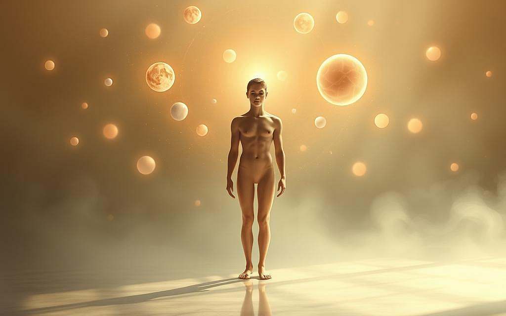 Prompt A serene, harmonious scene depicting the balance between masculine and feminine energies. In the foreground, a human figure stands in a neutral, grounded pose, their features androgynous. Around them, celestial orbs of warm and cool tones float in a soft, dreamlike atmosphere. The background is a mystical, ethereal landscape with swirling mists and subtle, glowing energy fields. The lighting is natural and diffused, casting a sense of tranquility and inner reflection. The overall composition conveys a sense of wholeness, unity, and the dynamic interplay between the masculine and feminine aspects of the self. Prompt A serene, harmonious scene depicting the balance between masculine and feminine energies. In the foreground, a human figure stands in a neutral, grounded pose, their features androgynous. Around them, celestial orbs of warm and cool tones float in a soft, dreamlike atmosphere. The background is a mystical, ethereal landscape with swirling mists and subtle, glowing energy fields. The lighting is natural and diffused, casting a sense of tranquility and inner reflection. The overall composition conveys a sense of wholeness, unity, and the dynamic interplay between the masculine and feminine aspects of the self.