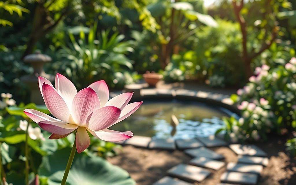 Serene garden oasis, sun-dappled and tranquil, with a stone path leading to a small, rippling pond. In the foreground, a graceful lotus flower blooms, its petals unfurling in shades of pink and white. Surrounding the pond, lush green foliage and delicate blossoms create a sense of inner peace and harmony. The lighting is soft and natural, casting a warm, inviting glow. The overall atmosphere is one of introspection and self-discovery, reflecting the journey towards inner happiness. Serene garden oasis, sun-dappled and tranquil, with a stone path leading to a small, rippling pond. In the foreground, a graceful lotus flower blooms, its petals unfurling in shades of pink and white. Surrounding the pond, lush green foliage and delicate blossoms create a sense of inner peace and harmony. The lighting is soft and natural, casting a warm, inviting glow. The overall atmosphere is one of introspection and self-discovery, reflecting the journey towards inner happiness.