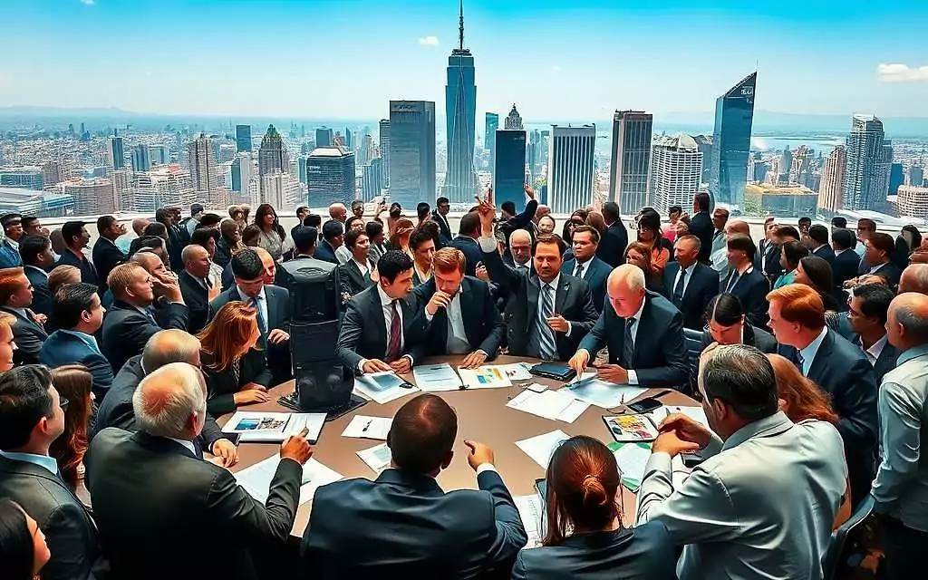 A bustling political environment, with a diverse crowd symbolizing the concept of humans as herd animals. In the foreground, a group of professionally dressed humans engaged in animated discussions, showcasing differing opinions and perspectives. In the middle, a large round table filled with documents, charts, and digital devices; people are pointing and gesturing. In the background, a cityscape with towering buildings under a clear blue sky, reflecting a sense of progress and collaboration. Soft, natural lighting creates an inviting yet serious atmosphere, emphasizing the dynamics of group influence. Shot from a slightly elevated angle to capture the highs and lows of discussion and engagement.