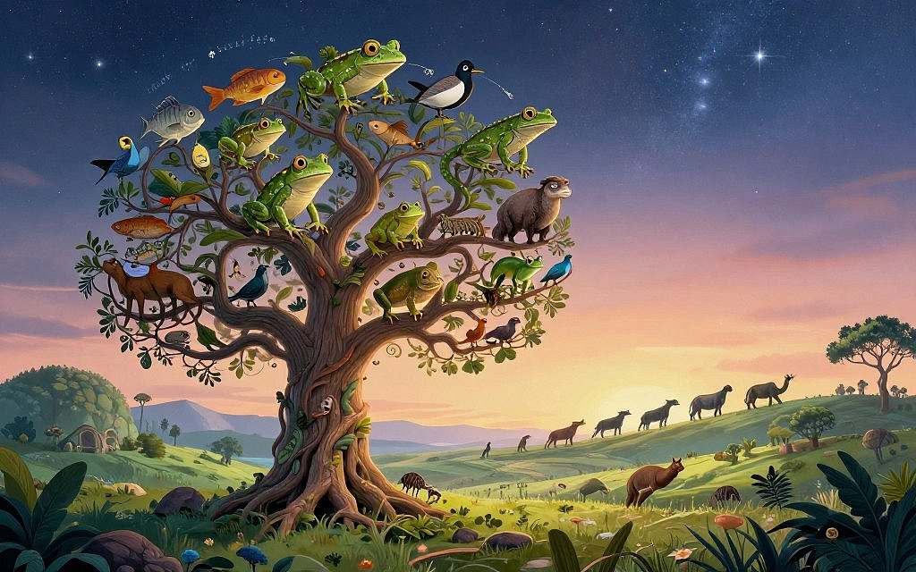 A captivating illustration of "The Evolution of Life", showcasing a vibrant, spiraling tree of life in the foreground, with diverse species emerging from the trunk, including fish, frogs, lizards, mammals, and birds, symbolizing evolutionary milestones. In the middle ground, a lush prehistoric landscape transitions into a more modern environment, with a soft gradient of colors representing time evolution. The background features a starry sky at dusk, metaphorically connecting the origins of life to the cosmos. The atmosphere is one of wonder and exploration, with soft, ethereal lighting illuminating the tree and its branches. Capture this scene using a wide-angle lens to emphasize depth, focusing on the intricate details of the life forms and their surroundings, evoking a sense of curiosity and the complexity of life’s journey. A captivating illustration of "The Evolution of Life", showcasing a vibrant, spiraling tree of life in the foreground, with diverse species emerging from the trunk, including fish, frogs, lizards, mammals, and birds, symbolizing evolutionary milestones. In the middle ground, a lush prehistoric landscape transitions into a more modern environment, with a soft gradient of colors representing time evolution. The background features a starry sky at dusk, metaphorically connecting the origins of life to the cosmos. The atmosphere is one of wonder and exploration, with soft, ethereal lighting illuminating the tree and its branches. Capture this scene using a wide-angle lens to emphasize depth, focusing on the intricate details of the life forms and their surroundings, evoking a sense of curiosity and the complexity of life’s journey.