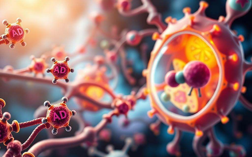 A detailed illustration of NAD glycolysis in a cellular context, featuring a close-up view of cellular structures illustrating metabolic pathways. In the foreground, vibrant depictions of NAD molecules interacting with enzymes, surrounded by glowing reactions. In the middle, a colorful representation of a cell with organelles like mitochondria and ribosomes, showcasing metabolic activity. The background should be softly blurred to emphasize the cellular processes while hinting at a broader biological environment, with hints of other cells and biochemical reactions. The lighting is bright and dynamic, emphasizing the energy transfer and vitality associated with cellular metabolism. The atmosphere is scientific and engaging, inviting viewers to explore the intricacies of NAD and its role in energy and health. A detailed illustration of NAD glycolysis in a cellular context, featuring a close-up view of cellular structures illustrating metabolic pathways. In the foreground, vibrant depictions of NAD molecules interacting with enzymes, surrounded by glowing reactions. In the middle, a colorful representation of a cell with organelles like mitochondria and ribosomes, showcasing metabolic activity. The background should be softly blurred to emphasize the cellular processes while hinting at a broader biological environment, with hints of other cells and biochemical reactions. The lighting is bright and dynamic, emphasizing the energy transfer and vitality associated with cellular metabolism. The atmosphere is scientific and engaging, inviting viewers to explore the intricacies of NAD and its role in energy and health.