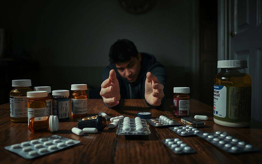 A dimly lit room with a wooden table in the foreground, covered with various prescription bottles and blister packs of medications, arranged artfully to highlight their labels. In the middle, a pair of hands, clad in modest casual attire, are reaching out toward the bottles, suggesting curiosity or desperation. In the background, a soft-focus silhouette of a person slumped against the wall, their posture conveying tension or distress. The lighting is moody, casting subtle shadows to emphasize the somber atmosphere, with a slight vignette effect to draw attention to the foreground details. The overall mood reflects the emotional struggles associated with medication dependence, creating a powerful visual impact without being graphic. A dimly lit room with a wooden table in the foreground, covered with various prescription bottles and blister packs of medications, arranged artfully to highlight their labels. In the middle, a pair of hands, clad in modest casual attire, are reaching out toward the bottles, suggesting curiosity or desperation. In the background, a soft-focus silhouette of a person slumped against the wall, their posture conveying tension or distress. The lighting is moody, casting subtle shadows to emphasize the somber atmosphere, with a slight vignette effect to draw attention to the foreground details. The overall mood reflects the emotional struggles associated with medication dependence, creating a powerful visual impact without being graphic.