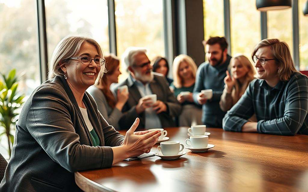 A diverse group of individuals in a modern, bright coffee shop, engaging in supportive conversation around a large wooden table. In the foreground, a middle-aged woman in smart casual attire is smiling and listening intently to a younger man, who gestures animatedly, showing enthusiasm for his recovery story. In the middle ground, a diverse group of people, including an elderly man with glasses and a young woman with shoulder-length hair, nod in understanding while sipping coffee. The background showcases large windows letting in warm, golden sunlight with greenery visible outside, creating a hopeful atmosphere. The scene captures a sense of community, support, and reintegration into everyday life, emphasizing positive social interaction and the role of environment in recovery. The focus is soft, resembling a candid moment captured with a 50mm lens, enhancing the warmth and connection among the group. A diverse group of individuals in a modern, bright coffee shop, engaging in supportive conversation around a large wooden table. In the foreground, a middle-aged woman in smart casual attire is smiling and listening intently to a younger man, who gestures animatedly, showing enthusiasm for his recovery story. In the middle ground, a diverse group of people, including an elderly man with glasses and a young woman with shoulder-length hair, nod in understanding while sipping coffee. The background showcases large windows letting in warm, golden sunlight with greenery visible outside, creating a hopeful atmosphere. The scene captures a sense of community, support, and reintegration into everyday life, emphasizing positive social interaction and the role of environment in recovery. The focus is soft, resembling a candid moment captured with a 50mm lens, enhancing the warmth and connection among the group.