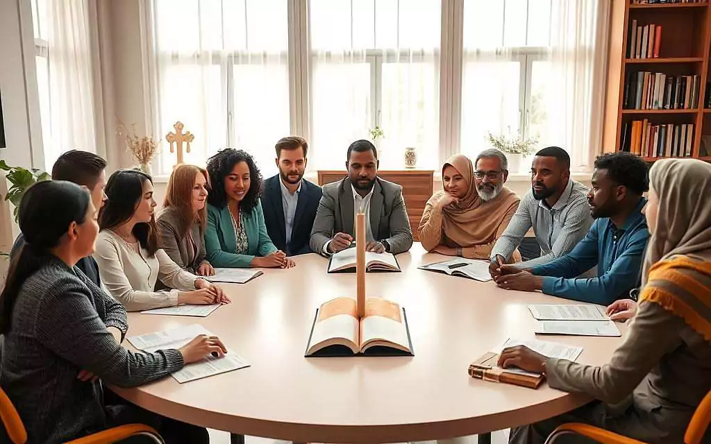 A diverse group of people engaged in a reflective discussion around a round table, symbolizing unity and collaboration. In the foreground, individuals of various cultural backgrounds are dressed in professional attire, embodying respect and inclusivity. The middle ground features a softly lit, tranquil room adorned with subtle religious symbols and books, representing wisdom and shared beliefs. In the background, large windows let in natural light, illuminating the space and casting gentle shadows, evoking a sense of calmness and introspection. The mood is serene and focused, highlighting the positive impact of religion on social behavior and group dynamics. The composition should have a warm color palette, enhancing the inviting atmosphere of community and dialogue.