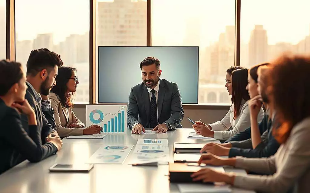 A diverse group of professionals engaged in a collaborative discussion around a large table, showcasing the dynamics of teamwork and leadership. The foreground features a charismatic leader guiding the conversation, their body language exuding confidence and authority. Around the table, individuals of various ethnicities are thoughtfully interacting, nodding and taking notes, dressed in smart business attire. The middle ground displays charts and graphs on a screen, emphasizing the shared focus of the group. In the background, a large window reveals a cityscape, bathed in warm afternoon light, creating a productive atmosphere. The mood is one of inspiration and synergy, highlighting the impactful relationship between group dynamics and individual behavior. Use a shallow depth of field to accentuate intimacy and engagement, with natural lighting illuminating the scene.