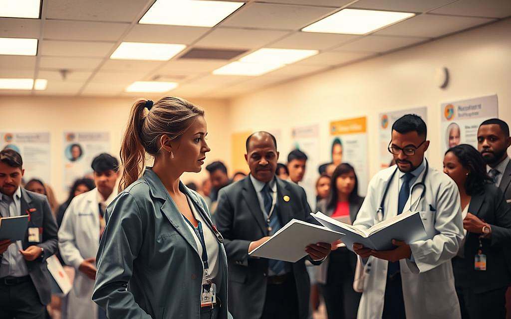 A dynamic hospital scene showcasing the challenges within the healthcare system, centered around a busy triage area filled with healthcare professionals in professional business attire. In the foreground, a nurse is consulting with a doctor, both appearing concerned as they review patient files. The middle ground includes patients waiting anxiously, highlighting the impact of medication dependency on individuals. Bright overhead lights illuminate the space, casting a warm but urgent atmosphere. The background features a wall with informational posters about health resources, emphasizing community awareness. The angle captures the intensity and pace of the healthcare environment while maintaining a sense of hope and professionalism. The overall mood reflects both the pressures faced by healthcare workers and patients, evoking empathy and urgency. A dynamic hospital scene showcasing the challenges within the healthcare system, centered around a busy triage area filled with healthcare professionals in professional business attire. In the foreground, a nurse is consulting with a doctor, both appearing concerned as they review patient files. The middle ground includes patients waiting anxiously, highlighting the impact of medication dependency on individuals. Bright overhead lights illuminate the space, casting a warm but urgent atmosphere. The background features a wall with informational posters about health resources, emphasizing community awareness. The angle captures the intensity and pace of the healthcare environment while maintaining a sense of hope and professionalism. The overall mood reflects both the pressures faced by healthcare workers and patients, evoking empathy and urgency.