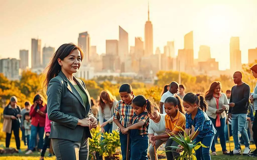 A dynamic scene illustrating "Social Responsibility," featuring a diverse group of people in a modern urban setting. In the foreground, a confident woman in a smart business suit engages with children, teaching them about teamwork and caring for their community. The middle ground captures various individuals collaborating on a community project, such as planting trees or cleaning a park, showcasing unity and collective effort. The background features a vibrant city skyline under a warm, golden sunlight, reflecting a hopeful atmosphere. The lighting creates soft shadows, enhancing the sense of camaraderie and determination. The composition is shot from a slightly elevated angle, giving a panoramic view that emphasizes both individual and group dynamics, conveying the importance of social awareness and herd instinct in a harmonious society.