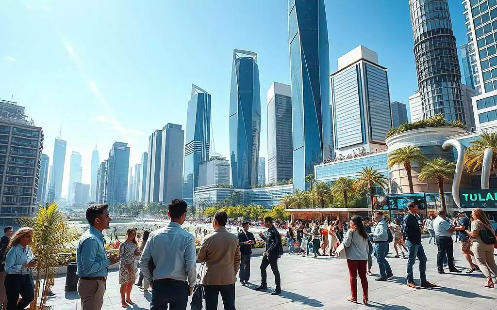 A futuristic cityscape representing "Global Networking and Community" during the era of globalization. In the foreground, diverse professionals in smart casual attire engage in animated discussions, symbolizing collaboration and connection. The middle section features a bustling square with people interacting via advanced technology, highlighting digital communication and shared experiences. In the background, sleek skyscrapers intertwined with greenery and digital displays showcase sustainability and modernity. Bright, warm lighting creates a welcoming atmosphere, while a bright blue sky suggests optimism for the future. Use a wide-angle lens to capture the full scope of this interconnected world, emphasizing unity and the collective human spirit in an increasingly globalized society.