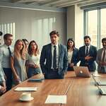 A group of diverse individuals in a modern office setting, all dressed in professional business attire, conveying a sense of conformity and peer pressure. In the foreground, a central figure stands hesitantly, looking around at their colleagues who are all nodding in agreement, subtly pressuring them to conform. The middle ground depicts a conference table filled with documents, laptops, and cups of coffee, symbolizing decision-making under group dynamics. The background features large windows allowing soft, natural light to flood the room, creating a warm yet tense atmosphere. The overall mood is one of subtle anxiety and collective influence, illustrating the theme of group pressure affecting individual choices. The angle should be slightly above eye level, enhancing the feeling of observing the group dynamic.