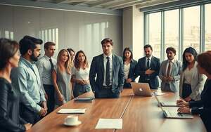 A group of diverse individuals in a modern office setting, all dressed in professional business attire, conveying a sense of conformity and peer pressure. In the foreground, a central figure stands hesitantly, looking around at their colleagues who are all nodding in agreement, subtly pressuring them to conform. The middle ground depicts a conference table filled with documents, laptops, and cups of coffee, symbolizing decision-making under group dynamics. The background features large windows allowing soft, natural light to flood the room, creating a warm yet tense atmosphere. The overall mood is one of subtle anxiety and collective influence, illustrating the theme of group pressure affecting individual choices. The angle should be slightly above eye level, enhancing the feeling of observing the group dynamic.