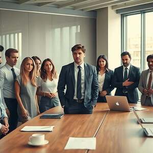 A group of diverse individuals in a modern office setting, all dressed in professional business attire, conveying a sense of conformity and peer pressure. In the foreground, a central figure stands hesitantly, looking around at their colleagues who are all nodding in agreement, subtly pressuring them to conform. The middle ground depicts a conference table filled with documents, laptops, and cups of coffee, symbolizing decision-making under group dynamics. The background features large windows allowing soft, natural light to flood the room, creating a warm yet tense atmosphere. The overall mood is one of subtle anxiety and collective influence, illustrating the theme of group pressure affecting individual choices. The angle should be slightly above eye level, enhancing the feeling of observing the group dynamic.