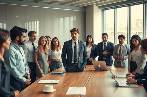 A group of diverse individuals in a modern office setting, all dressed in professional business attire, conveying a sense of conformity and peer pressure. In the foreground, a central figure stands hesitantly, looking around at their colleagues who are all nodding in agreement, subtly pressuring them to conform. The middle ground depicts a conference table filled with documents, laptops, and cups of coffee, symbolizing decision-making under group dynamics. The background features large windows allowing soft, natural light to flood the room, creating a warm yet tense atmosphere. The overall mood is one of subtle anxiety and collective influence, illustrating the theme of group pressure affecting individual choices. The angle should be slightly above eye level, enhancing the feeling of observing the group dynamic.