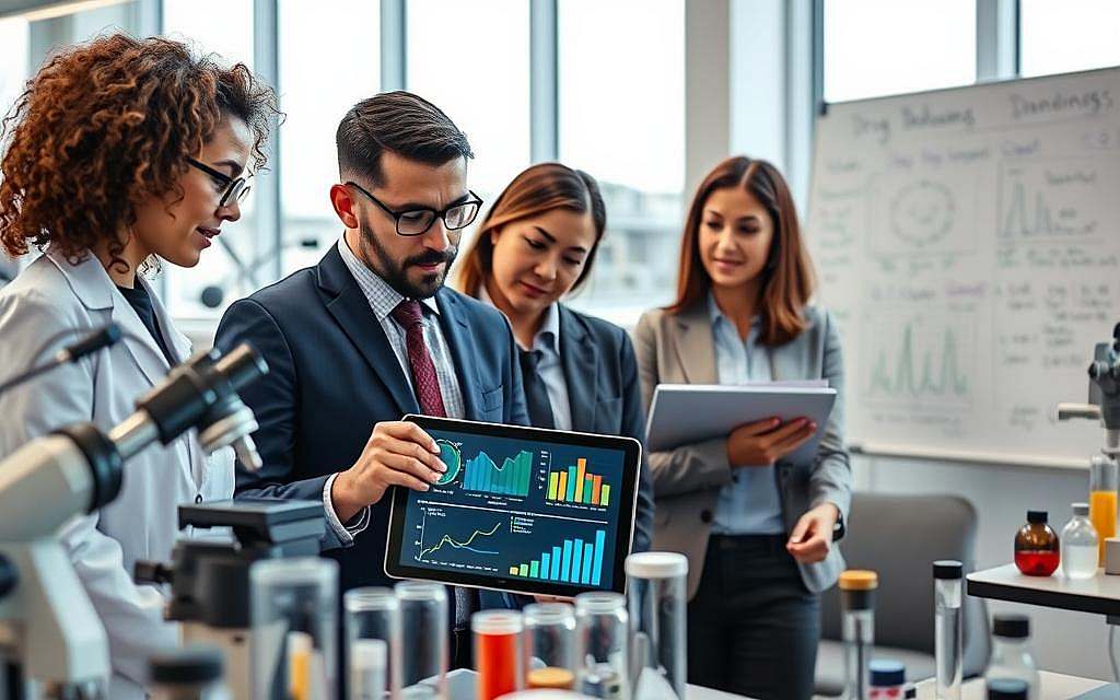 A modern laboratory setting focused on research findings related to medication dependence. In the foreground, a diverse group of three researchers in professional business attire, including a woman with curly hair and glasses, a man with short dark hair, and a woman with straight brown hair, examine a collection of colorful graphs and charts displayed on a sleek digital tablet. In the middle ground, lab equipment such as microscopes, test tubes, and a whiteboard filled with notes on drug dependency findings are visible. The background features large windows allowing natural light, creating a bright, optimistic atmosphere. The overall mood conveys innovation and hope in addressing medication dependence, highlighting the importance of recent research. A modern laboratory setting focused on research findings related to medication dependence. In the foreground, a diverse group of three researchers in professional business attire, including a woman with curly hair and glasses, a man with short dark hair, and a woman with straight brown hair, examine a collection of colorful graphs and charts displayed on a sleek digital tablet. In the middle ground, lab equipment such as microscopes, test tubes, and a whiteboard filled with notes on drug dependency findings are visible. The background features large windows allowing natural light, creating a bright, optimistic atmosphere. The overall mood conveys innovation and hope in addressing medication dependence, highlighting the importance of recent research.