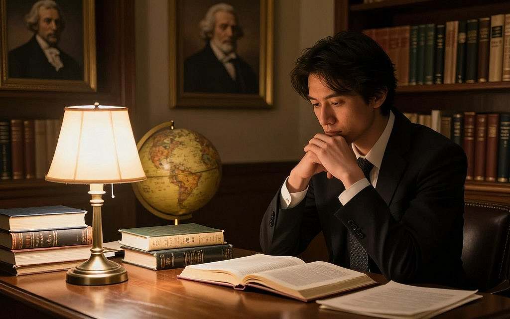 A scene illustrating the concepts of ethics and morality, focused on a contemplative figure sitting at a wooden table in a warmly lit study. In the foreground, the figure, dressed in professional business attire, is engaged in thought, with open books and a glowing lamp casting a soft light on their face. In the middle ground, scattered philosophical texts and a vintage globe hint at a quest for knowledge. The background features shelves filled with books and framed portraits of renowned philosophers, adding depth to the atmosphere. The overall mood is introspective and serious, with a color palette of warm browns and golden hues to convey a sense of wisdom and reflection. A scene illustrating the concepts of ethics and morality, focused on a contemplative figure sitting at a wooden table in a warmly lit study. In the foreground, the figure, dressed in professional business attire, is engaged in thought, with open books and a glowing lamp casting a soft light on their face. In the middle ground, scattered philosophical texts and a vintage globe hint at a quest for knowledge. The background features shelves filled with books and framed portraits of renowned philosophers, adding depth to the atmosphere. The overall mood is introspective and serious, with a color palette of warm browns and golden hues to convey a sense of wisdom and reflection.