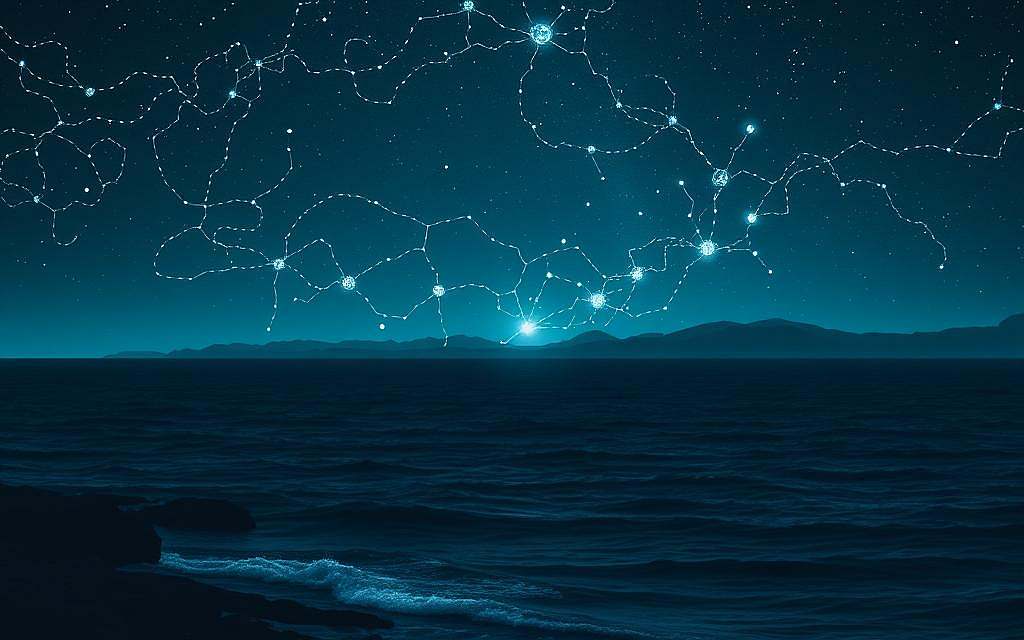 A serene, abstract representation of the subconscious mind as a vast, dark ocean under a starry night sky. In the foreground, gentle waves softly lap against a rocky shore, symbolizing the depths of the subconscious. In the middle ground, ethereal, glowing neurons and synapses pulse with soft, bioluminescent lights, interconnected like a network, reflecting thoughts and emotions. The background features a silhouetted landscape of distant mountains beneath the vast, twinkling cosmos, conveying a sense of infinity and depth. The atmosphere is tranquil yet mysterious, with a cool, calming color palette of blues and purples. The lighting is soft and diffuse, creating a dreamlike quality, with stars appearing sharp yet distant, evoking a sense of exploration and self-discovery. A serene, abstract representation of the subconscious mind as a vast, dark ocean under a starry night sky. In the foreground, gentle waves softly lap against a rocky shore, symbolizing the depths of the subconscious. In the middle ground, ethereal, glowing neurons and synapses pulse with soft, bioluminescent lights, interconnected like a network, reflecting thoughts and emotions. The background features a silhouetted landscape of distant mountains beneath the vast, twinkling cosmos, conveying a sense of infinity and depth. The atmosphere is tranquil yet mysterious, with a cool, calming color palette of blues and purples. The lighting is soft and diffuse, creating a dreamlike quality, with stars appearing sharp yet distant, evoking a sense of exploration and self-discovery.
