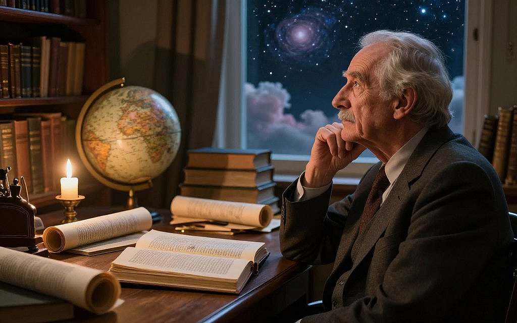 A serene and contemplative scene depicting a philosopher deep in thought, seated at a wooden desk surrounded by an array of ancient texts and scrolls. The foreground features an open book with philosophical illustrations, the philosopher—an elderly man in professional attire—gazing thoughtfully out a window toward a starry night sky. The middle ground showcases shelves filled with books and a globe, bathed in warm candlelight that creates a soft glow, enhancing the scholarly atmosphere. The background transitions to a dreamy landscape of swirling galaxies and ethereal clouds, symbolizing the vastness of existence and consciousness. The overall mood is introspective and tranquil, inviting viewers to ponder life's profound questions. Lighting is soft and ambient, captured in a close-up angle that highlights the philosopher's expression and the details of the desk. A serene and contemplative scene depicting a philosopher deep in thought, seated at a wooden desk surrounded by an array of ancient texts and scrolls. The foreground features an open book with philosophical illustrations, the philosopher—an elderly man in professional attire—gazing thoughtfully out a window toward a starry night sky. The middle ground showcases shelves filled with books and a globe, bathed in warm candlelight that creates a soft glow, enhancing the scholarly atmosphere. The background transitions to a dreamy landscape of swirling galaxies and ethereal clouds, symbolizing the vastness of existence and consciousness. The overall mood is introspective and tranquil, inviting viewers to ponder life's profound questions. Lighting is soft and ambient, captured in a close-up angle that highlights the philosopher's expression and the details of the desk.