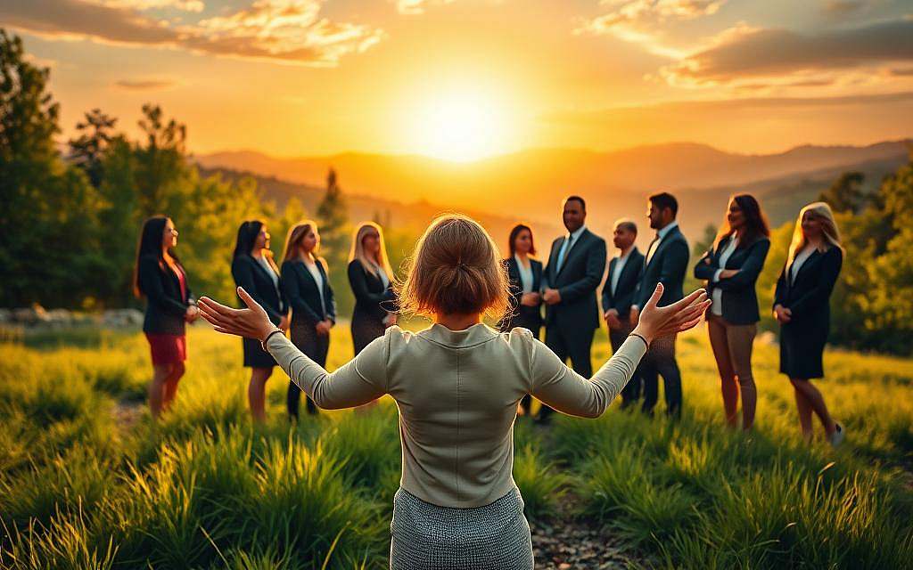 A serene and empowering scene depicting a diverse group of individuals in professional business attire, standing together in a lush, green landscape symbolizing transformation. In the foreground, a woman reaches out with her hands, surrounded by glowing, ethereal energy, representing self-empowerment and creation. The middle ground features a group of people, engaged in a collaborative discussion, conveying unity and shared purpose. In the background, vibrant trees and mountains rise under a sunrise, illuminating the scene with warm, golden light that symbolizes enlightenment and new beginnings. The overall mood is uplifting and inspirational, conveying the journey from victimhood to empowerment through knowledge and connection. The composition is balanced, with a slightly low angle to enhance the feeling of growth and aspiration. A serene and empowering scene depicting a diverse group of individuals in professional business attire, standing together in a lush, green landscape symbolizing transformation. In the foreground, a woman reaches out with her hands, surrounded by glowing, ethereal energy, representing self-empowerment and creation. The middle ground features a group of people, engaged in a collaborative discussion, conveying unity and shared purpose. In the background, vibrant trees and mountains rise under a sunrise, illuminating the scene with warm, golden light that symbolizes enlightenment and new beginnings. The overall mood is uplifting and inspirational, conveying the journey from victimhood to empowerment through knowledge and connection. The composition is balanced, with a slightly low angle to enhance the feeling of growth and aspiration.