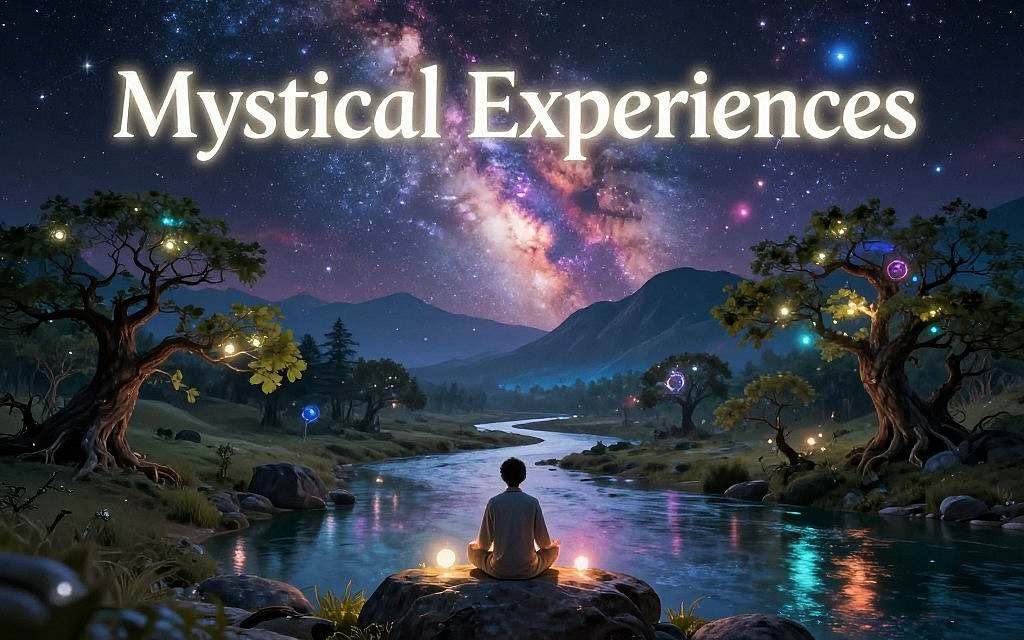 A serene and ethereal landscape representing "Mystical Experiences" with a glowing, expansive night sky filled with vibrant nebulae and stars. In the foreground, a peaceful figure dressed in modest casual clothing sits in meditation on a rock, surrounded by luminous orbs of light. In the middle ground, a tranquil river flows, reflecting celestial colors, while mythical trees with luminescent leaves create a gentle frame. The background features mountains under the enchanting glow of cosmic phenomena, creating a sense of wonder and exploration. The lighting is soft and dreamlike, enhancing the mystical atmosphere. Capture a wide-angle view to emphasize depth and the breathtaking scale of this otherworldly experience. A serene and ethereal landscape representing "Mystical Experiences" with a glowing, expansive night sky filled with vibrant nebulae and stars. In the foreground, a peaceful figure dressed in modest casual clothing sits in meditation on a rock, surrounded by luminous orbs of light. In the middle ground, a tranquil river flows, reflecting celestial colors, while mythical trees with luminescent leaves create a gentle frame. The background features mountains under the enchanting glow of cosmic phenomena, creating a sense of wonder and exploration. The lighting is soft and dreamlike, enhancing the mystical atmosphere. Capture a wide-angle view to emphasize depth and the breathtaking scale of this otherworldly experience.