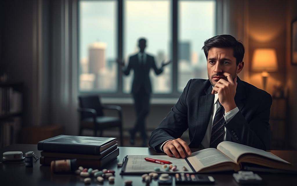 A serene and introspective scene depicting the psychological aspects of addiction. In the foreground, a thoughtful individual dressed in professional business attire sits at a desk cluttered with pills and an open journal, their expression reflecting a mix of concern and determination. In the middle ground, a faint outline of a figure stands behind, symbolizing the shadow of addiction, perhaps reaching outwards as if trying to connect. The background features a dimly lit room with soft, warm lighting, casting gentle shadows that evoke a contemplative mood. A window shows a blurred cityscape, hinting at the outside world, while a gentle glow from a lamp creates a sense of safety and focus. The overall atmosphere conveys a balance between struggle and hope, illustrating the complex emotional journey of overcoming dependency. A serene and introspective scene depicting the psychological aspects of addiction. In the foreground, a thoughtful individual dressed in professional business attire sits at a desk cluttered with pills and an open journal, their expression reflecting a mix of concern and determination. In the middle ground, a faint outline of a figure stands behind, symbolizing the shadow of addiction, perhaps reaching outwards as if trying to connect. The background features a dimly lit room with soft, warm lighting, casting gentle shadows that evoke a contemplative mood. A window shows a blurred cityscape, hinting at the outside world, while a gentle glow from a lamp creates a sense of safety and focus. The overall atmosphere conveys a balance between struggle and hope, illustrating the complex emotional journey of overcoming dependency.