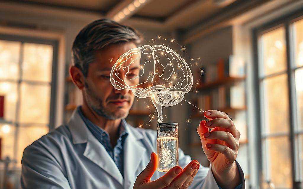 A serene and inviting laboratory environment, showcasing a scientist focused on the phenomenon of the placebo effect. In the foreground, a middle-aged researcher in a professional lab coat examines a glowing vial filled with a sparkling liquid, symbolizing the power of belief. The middle layer features a transparent overlay of the human brain, illuminated with ethereal lights, representing neural pathways associated with healing and consciousness. In the background, soft golden light filters through large windows, illuminating shelves filled with books on epigenetics and consciousness. The atmosphere is calm and hopeful, hinting at the profound connection between mind and body, enhanced by warm lighting and a slightly blurred depth of field for an intimate focus. A serene and inviting laboratory environment, showcasing a scientist focused on the phenomenon of the placebo effect. In the foreground, a middle-aged researcher in a professional lab coat examines a glowing vial filled with a sparkling liquid, symbolizing the power of belief. The middle layer features a transparent overlay of the human brain, illuminated with ethereal lights, representing neural pathways associated with healing and consciousness. In the background, soft golden light filters through large windows, illuminating shelves filled with books on epigenetics and consciousness. The atmosphere is calm and hopeful, hinting at the profound connection between mind and body, enhanced by warm lighting and a slightly blurred depth of field for an intimate focus.