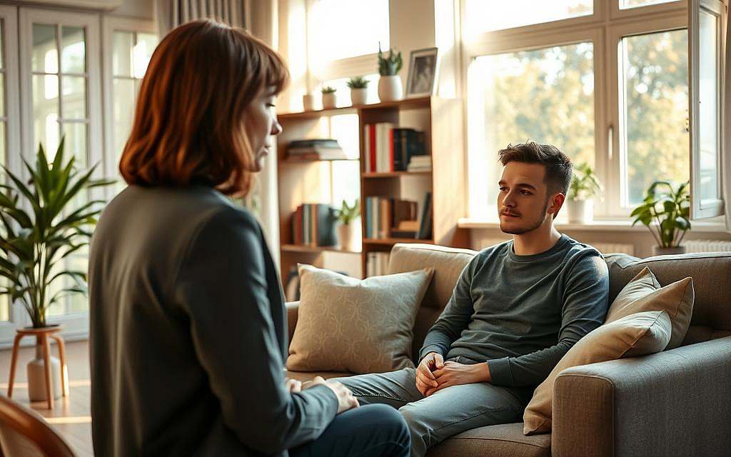 A serene and inviting psychotherapy office filled with natural light streaming through large windows. In the foreground, a therapist in professional attire, a middle-aged woman with short brown hair, listens attentively to a client across from her, creating a sense of empathy and support. The client, a young man in modest casual clothing, appears contemplative, seated on a comfortable sofa surrounded by soft pillows. In the middle background, a bookshelf filled with psychological texts and thoughtful decorations, such as plants and inspiring art. The atmosphere is calm and reassuring, with warm lighting casting gentle shadows that evoke a sense of safety and trust, promoting the theme of therapeutic interventions in recovery from addiction. A serene and inviting psychotherapy office filled with natural light streaming through large windows. In the foreground, a therapist in professional attire, a middle-aged woman with short brown hair, listens attentively to a client across from her, creating a sense of empathy and support. The client, a young man in modest casual clothing, appears contemplative, seated on a comfortable sofa surrounded by soft pillows. In the middle background, a bookshelf filled with psychological texts and thoughtful decorations, such as plants and inspiring art. The atmosphere is calm and reassuring, with warm lighting casting gentle shadows that evoke a sense of safety and trust, promoting the theme of therapeutic interventions in recovery from addiction.