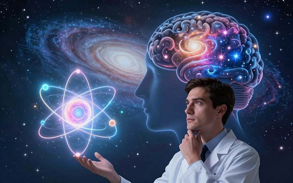 A serene and mystical scene symbolizing the intersection of quantum physics and consciousness. In the foreground, a thoughtful scientist in a professional outfit observes a glowing holographic model of an atom, intricate and colorful, with orbiting electrons. The middle ground features a silhouette of a human mind, filled with sparkling stars and vibrant nebulae, representing the depths of consciousness. In the background, a cosmic landscape with swirling galaxies and ethereal light adds a sense of wonder and infinity. The lighting is soft and ethereal, with a focus on the glow from the atom model, creating a tranquil yet inspiring atmosphere. The angle is slightly low, emphasizing the grandeur of the mind's universe above. A serene and mystical scene symbolizing the intersection of quantum physics and consciousness. In the foreground, a thoughtful scientist in a professional outfit observes a glowing holographic model of an atom, intricate and colorful, with orbiting electrons. The middle ground features a silhouette of a human mind, filled with sparkling stars and vibrant nebulae, representing the depths of consciousness. In the background, a cosmic landscape with swirling galaxies and ethereal light adds a sense of wonder and infinity. The lighting is soft and ethereal, with a focus on the glow from the atom model, creating a tranquil yet inspiring atmosphere. The angle is slightly low, emphasizing the grandeur of the mind's universe above.